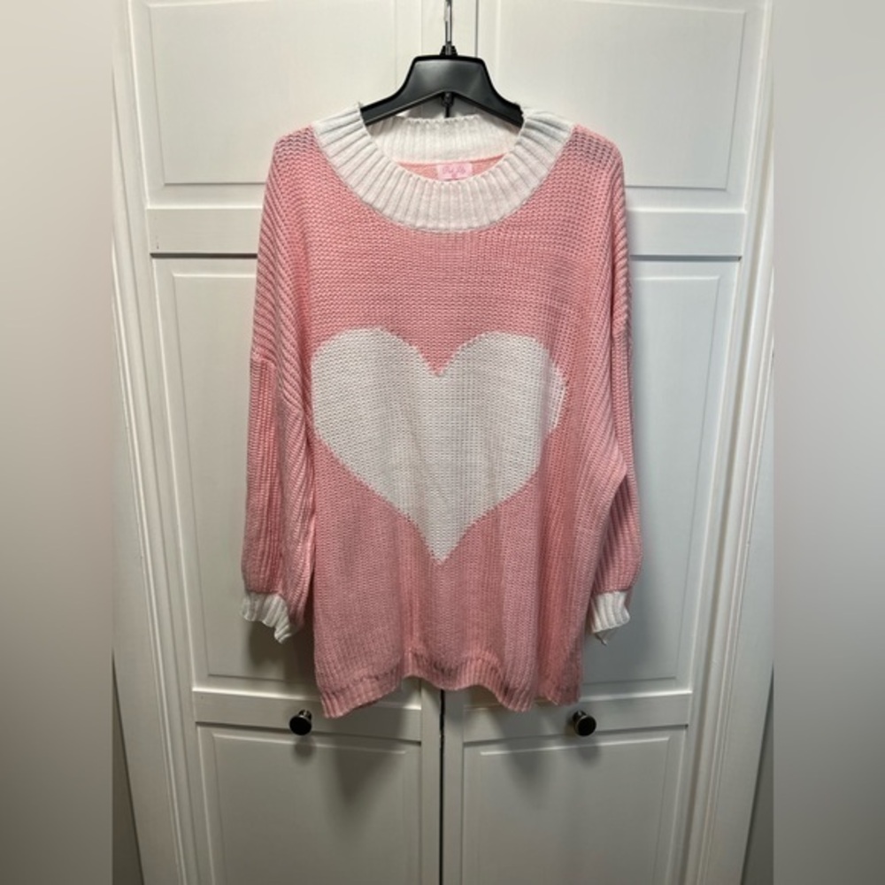 Pink Lily Heart Sweater Size Women’s 3XL Color Pink And White